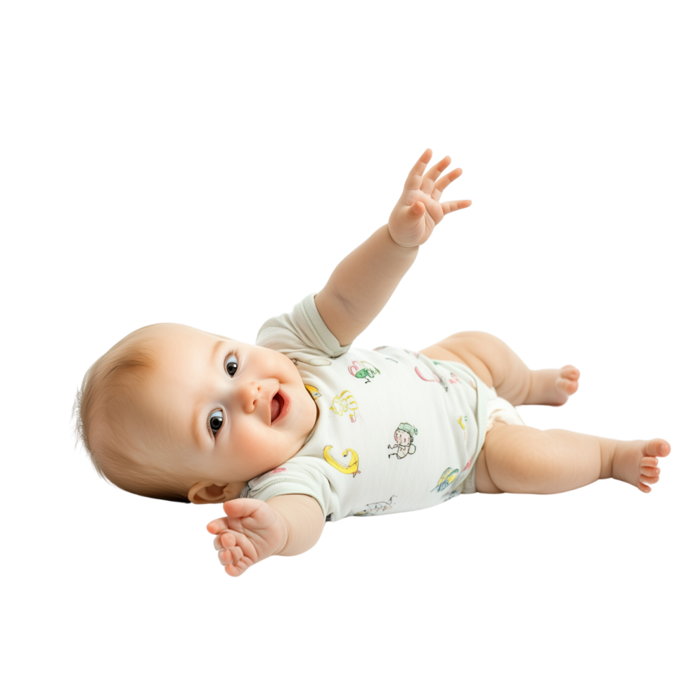Adorable Baby Lying on Back Reaching with Tiny Hands Isolated on Transparent Background png