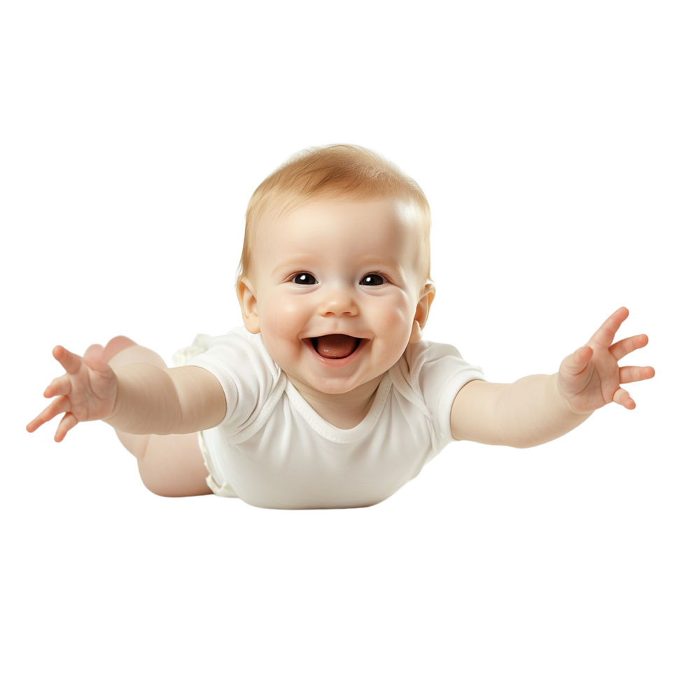 Joyful Baby Lying on Back Reaching Out with Tiny Hands Isolated on Transparent Background png