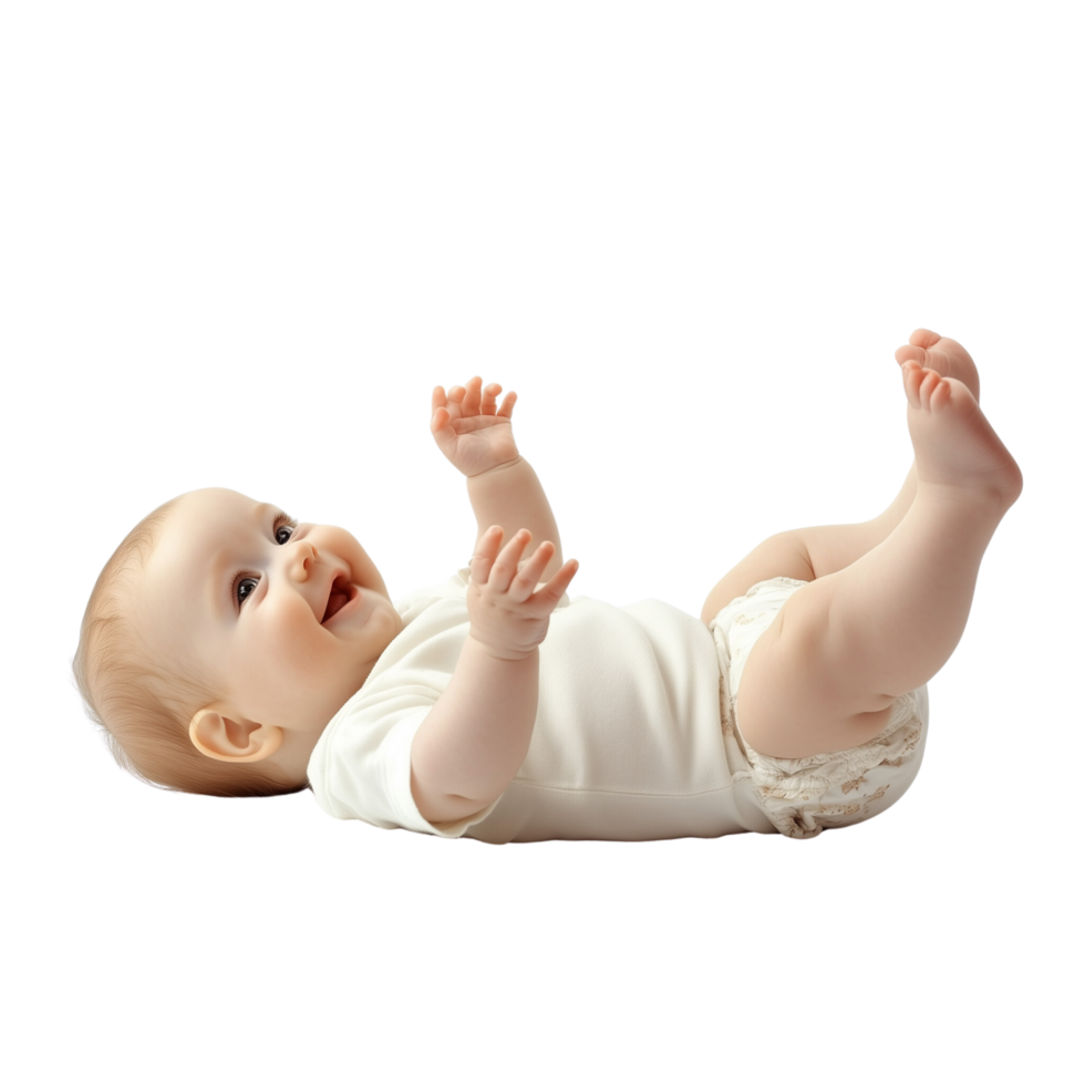 Smiling Baby Lying on Back Reaching Out with Tiny Hands Isolated on Transparent Background png