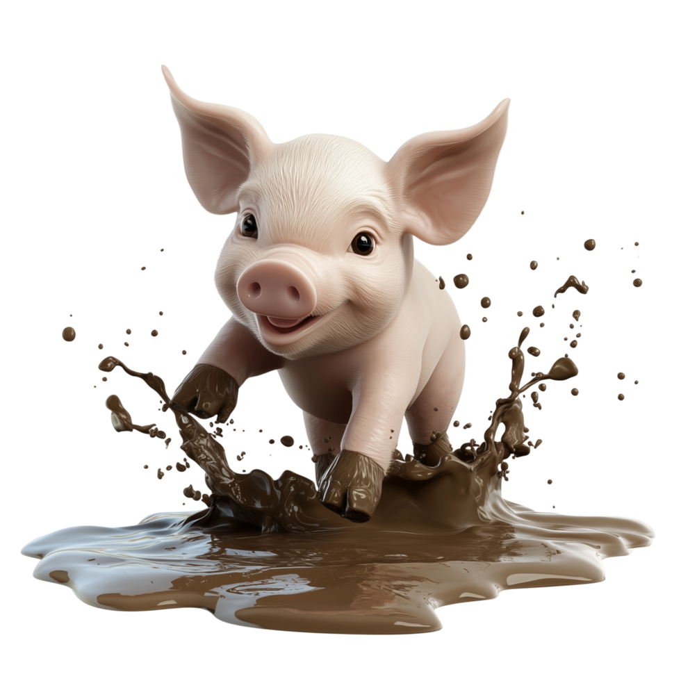 Playful 3D Cartoon Piglet Splattering Mud with Hooves Isolated on Transparent Background png