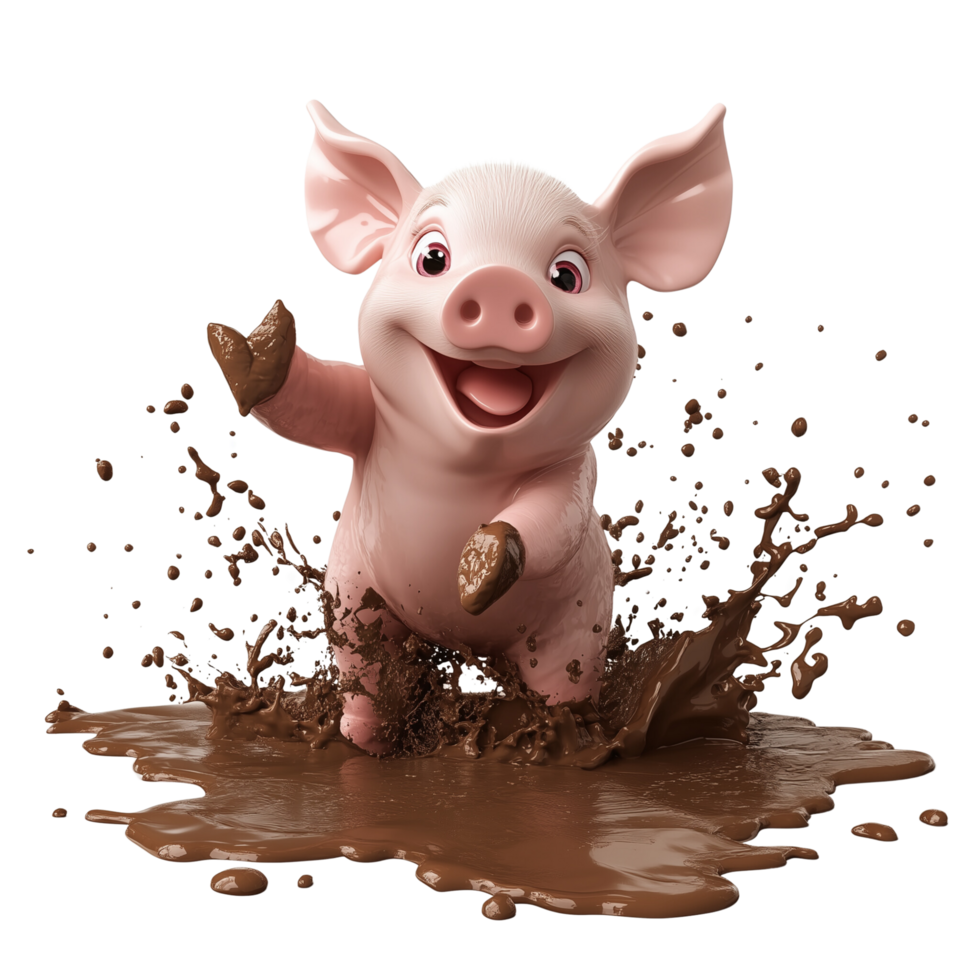 Joyful 3D Cartoon Piglet Playing in Messy Mud Puddle Isolated on Transparent Background png