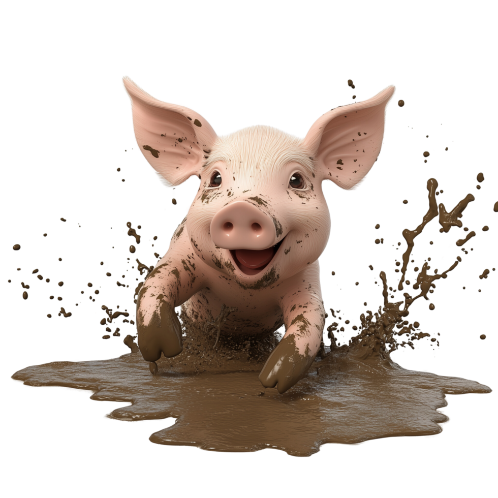Smiling 3D Cartoon Piglet Having Fun in Mud Isolated on Transparent Background png
