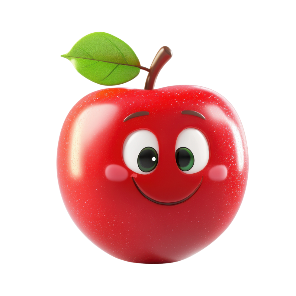 Funny 3D Cartoon Apple with Glossy Skin and Green Leaf Isolated on Transparent Background png