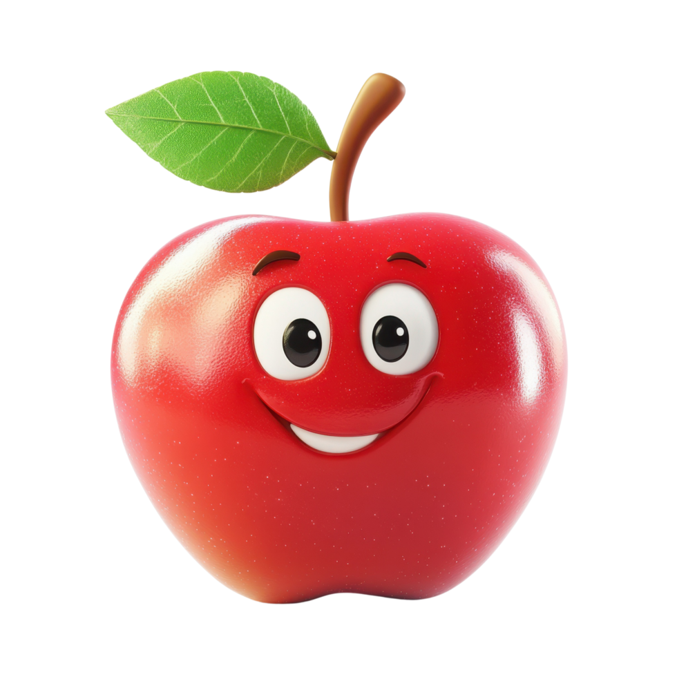Happy 3D Cartoon Apple with Glossy Red Surface and Leaf Isolated on Transparent Background png