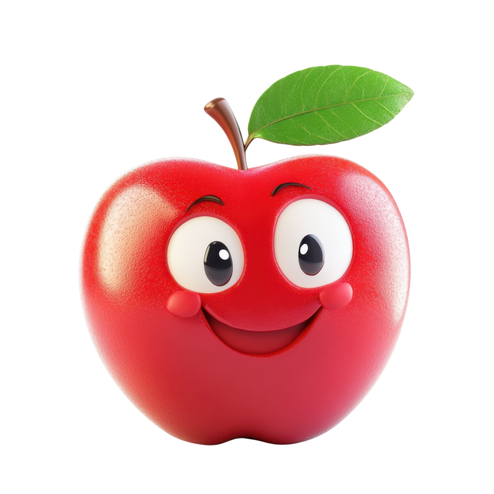 Smiling 3D Cartoon Apple with Shiny Red Skin and Green Leaf Isolated on Transparent Background png