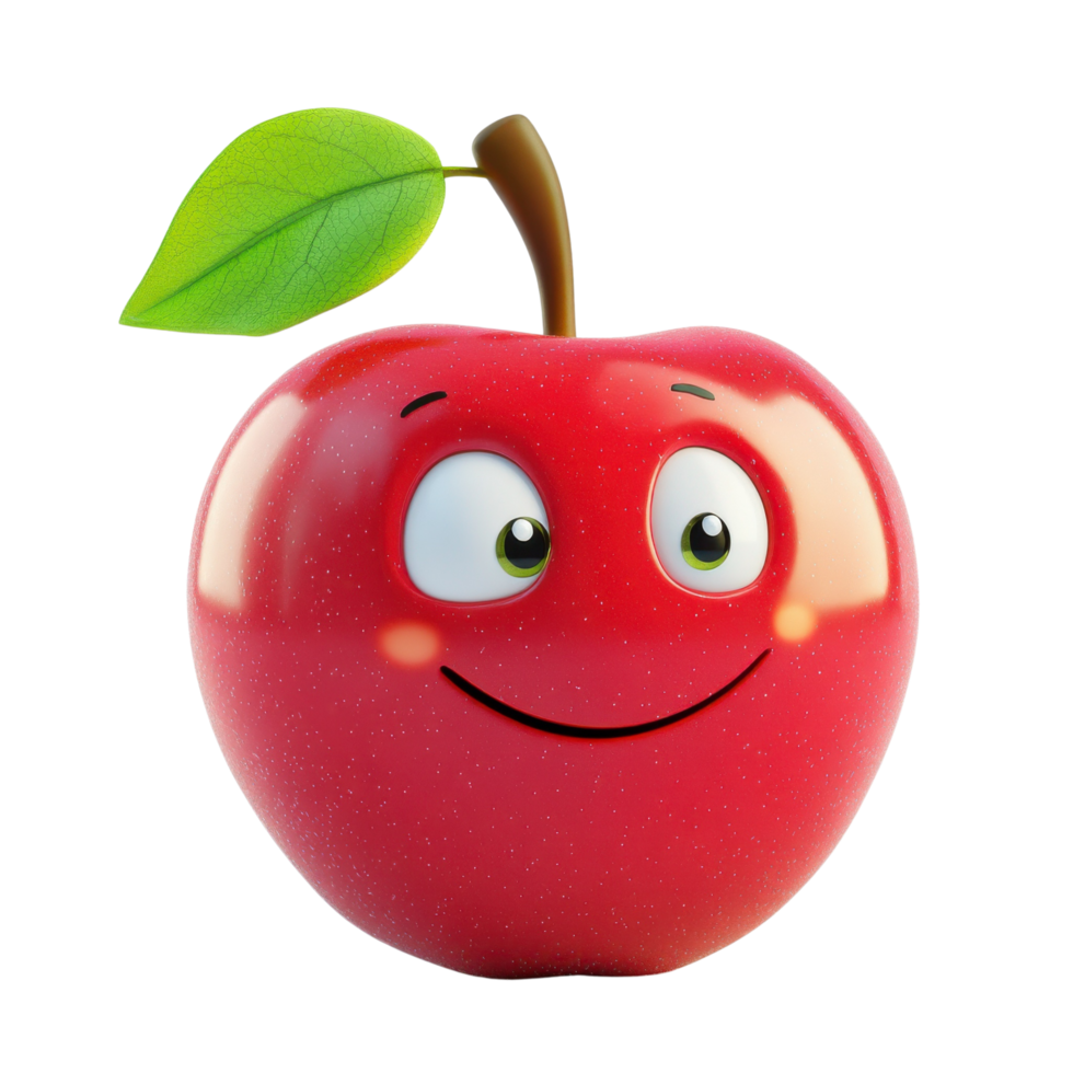 Joyful 3D Cartoon Apple with Shiny Red Peel and Leaf Isolated on Transparent Background png