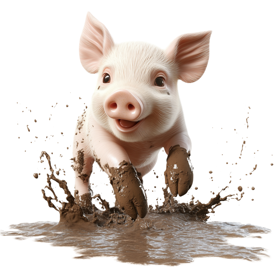Happy 3D Cartoon Piglet Playing in Muddy Puddle Isolated on Transparent Background png