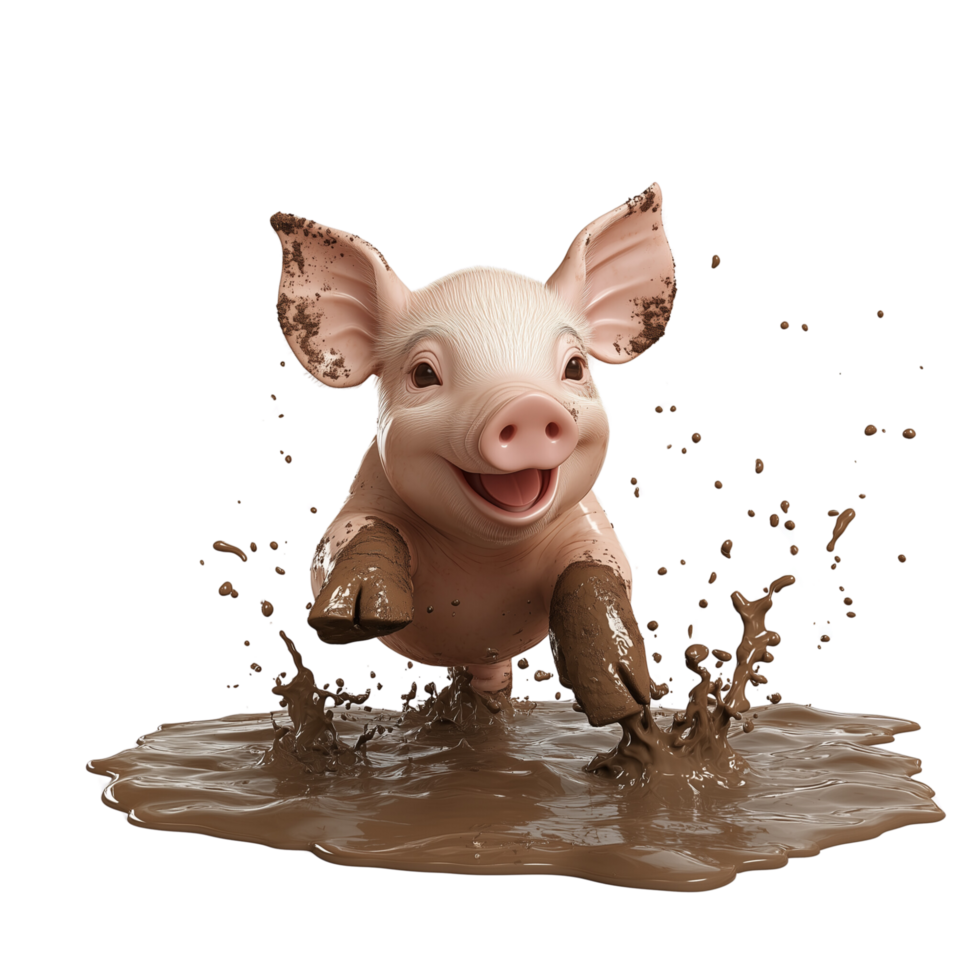 Cute 3D Cartoon Piglet Jumping in Mud Puddle Isolated on Transparent Background png