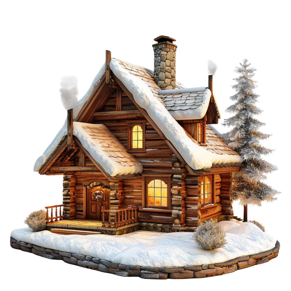 Snowy Wooden Chalet with Warm Inviting Glow Isolated on Transparent Background png