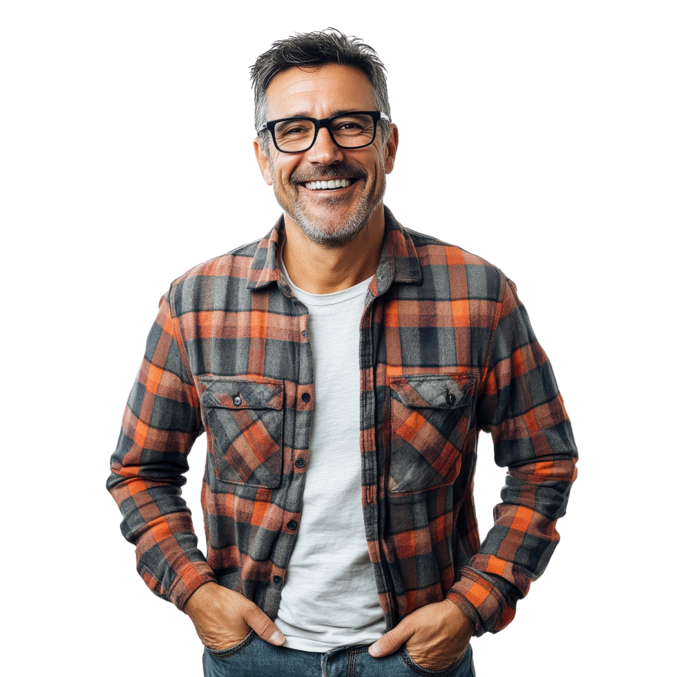 Joyful Middle-Aged Man in Plaid Shirt with Glasses and Hands in Pockets Isolated on Transparent Background png