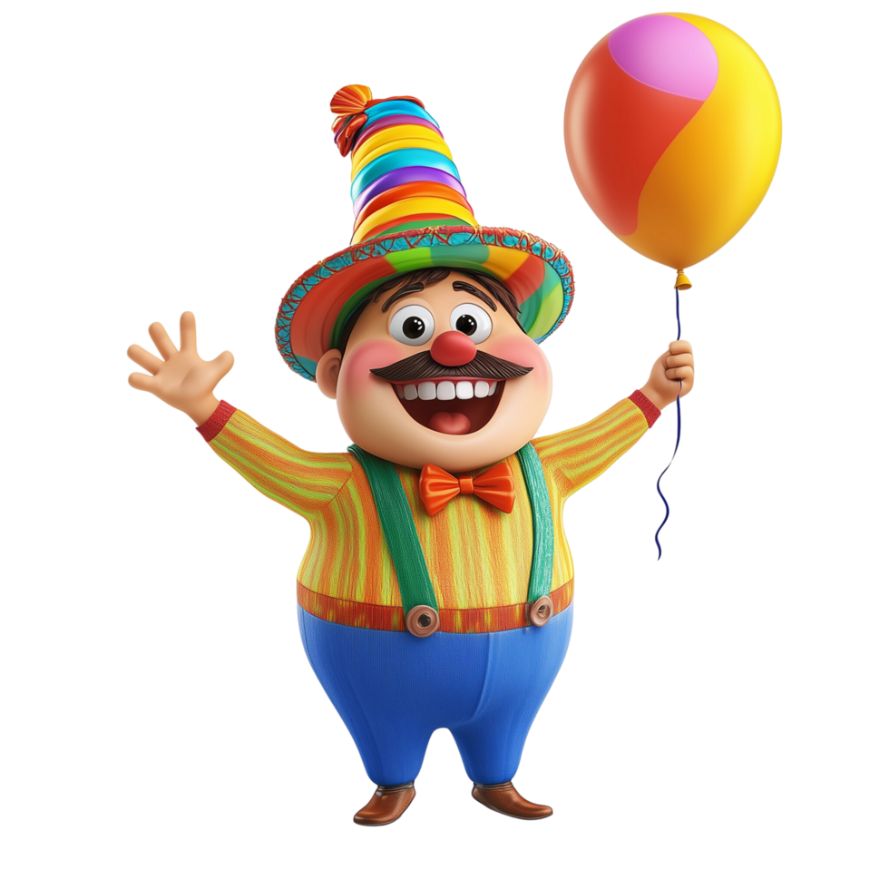 Fun Toon Town Resident with Colorful Hat and Balloon Isolated on Transparent Background png