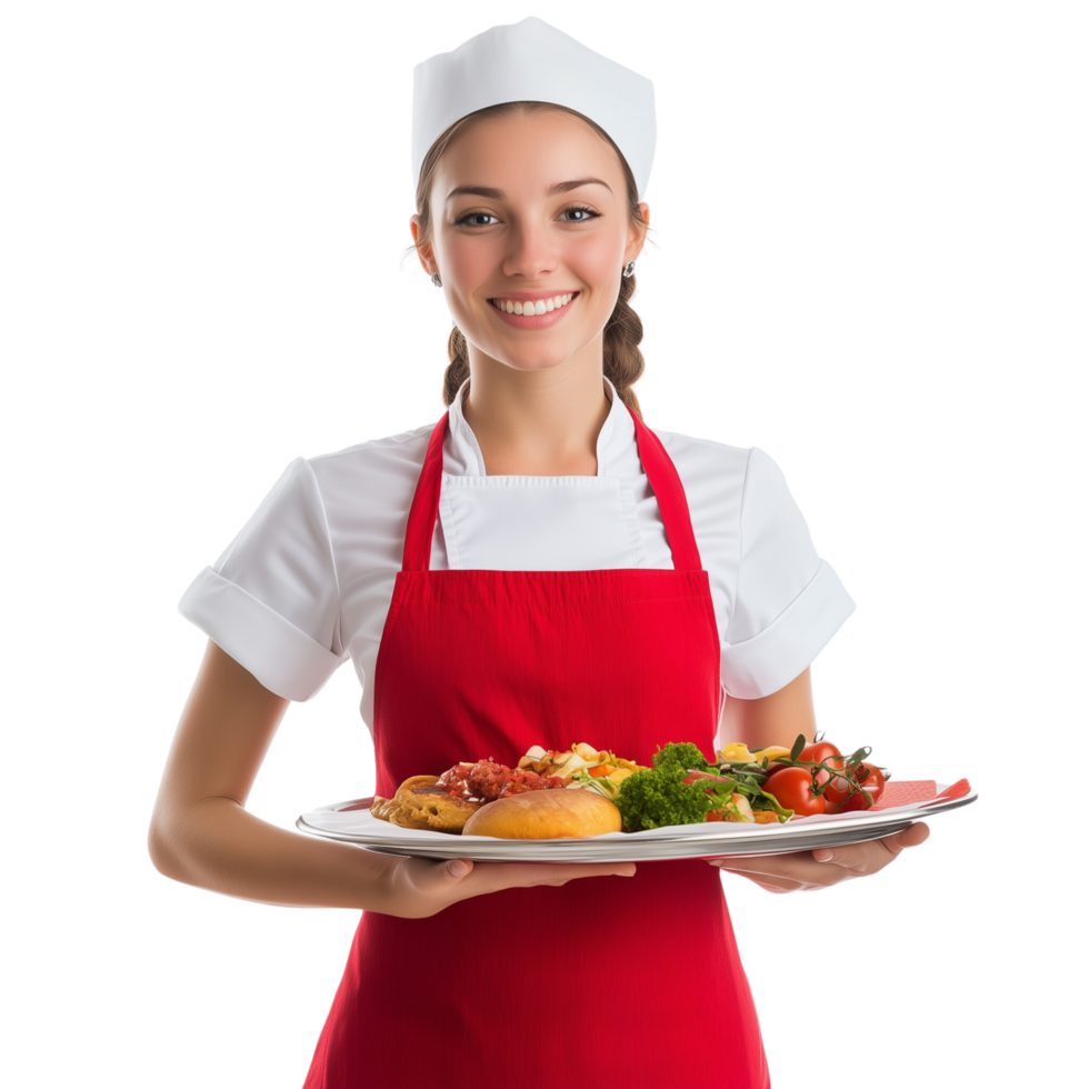 Friendly Waitress Holding Tray of Food with Warm Smile Isolated on Transparent Background png