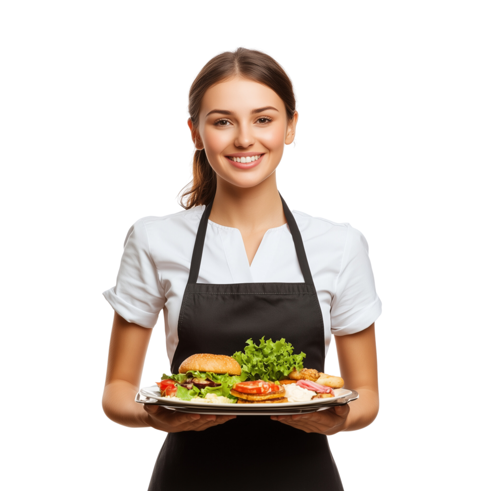 Happy Waitress with Tray of Food and Warm Smile Isolated on Transparent Background png