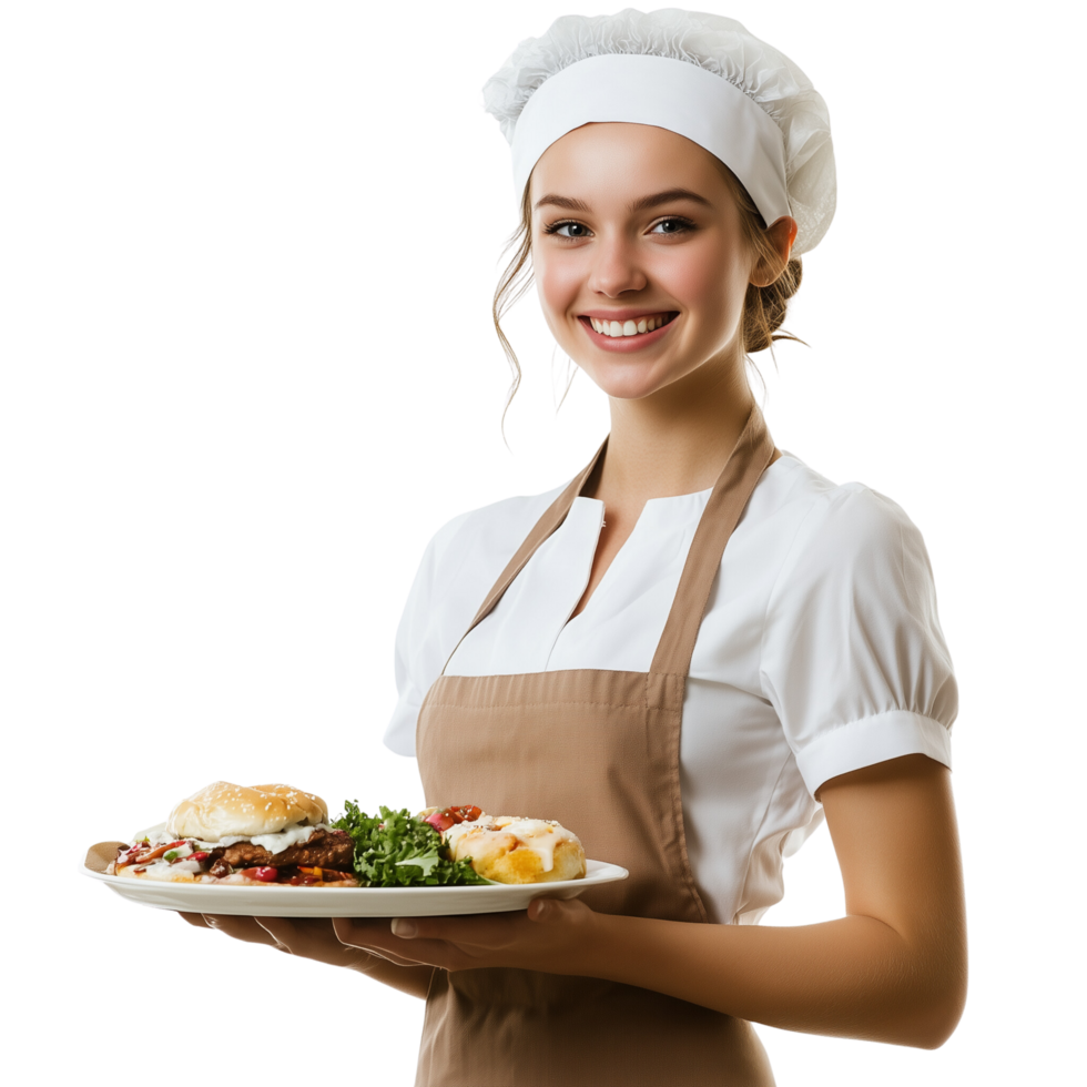 Warm Smiling Waitress Holding Tray of Food Isolated on Transparent Background png