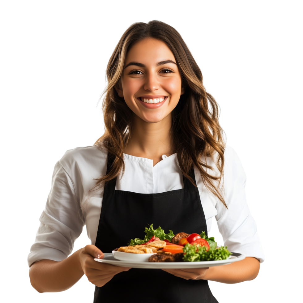 Joyful Waitress with Tray of Food and Warm Smile Isolated on Transparent Background png