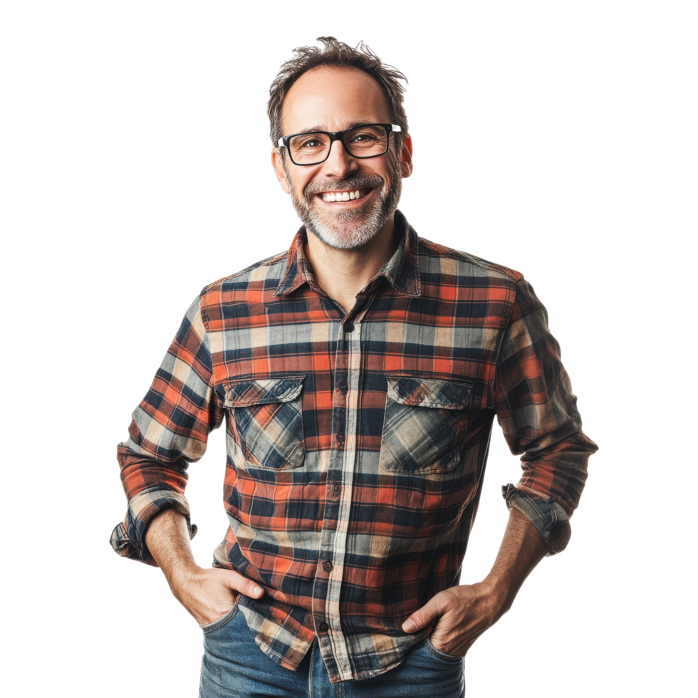 Smiling Middle-Aged Man with Glasses in Plaid Shirt and Hands in Pockets Isolated on Transparent Background png
