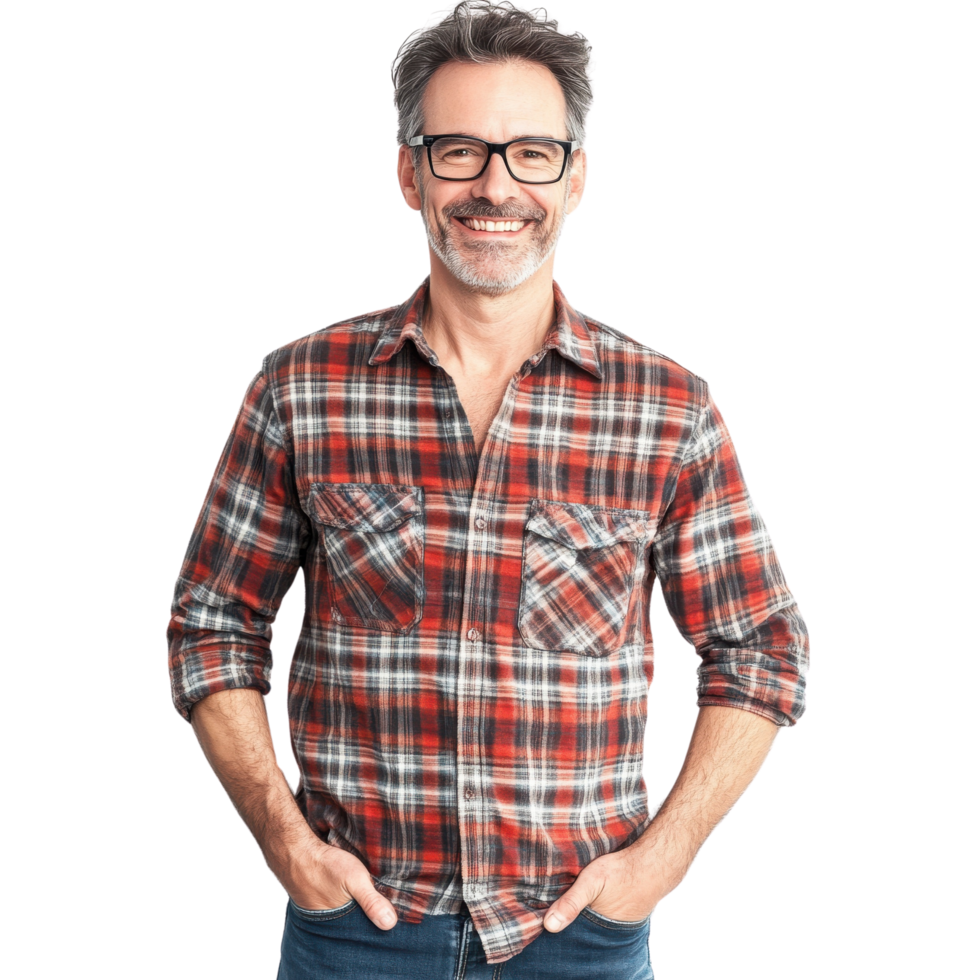 Happy Middle-Aged Man in Plaid Shirt with Glasses and Hands in Pockets Isolated on Transparent Background png