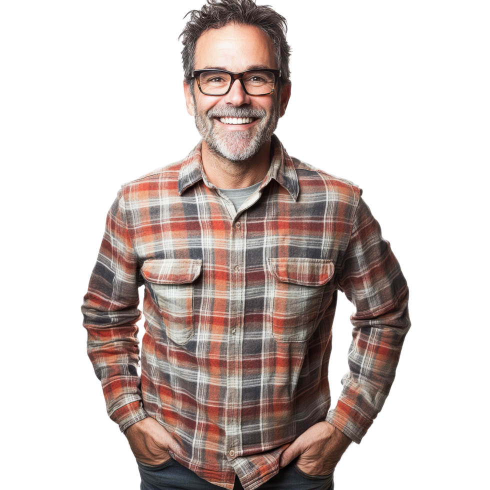 Cheerful Middle-Aged Man in Plaid Shirt with Glasses Smiling and Hands in Pockets Isolated on Transparent Background png