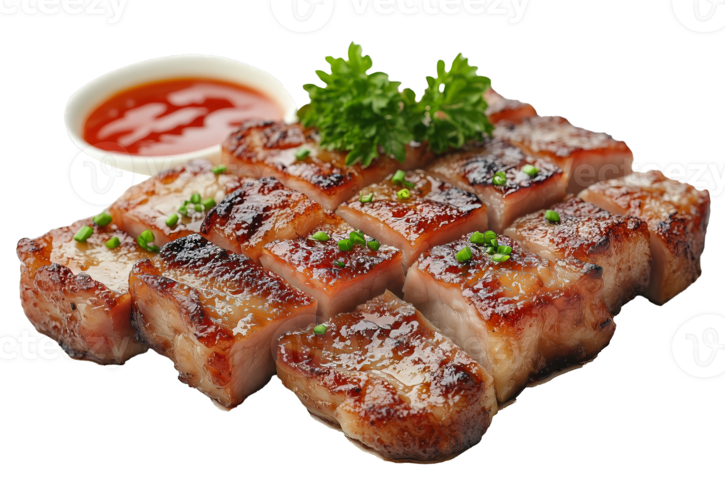 A piece of meat with sauce and garnish png