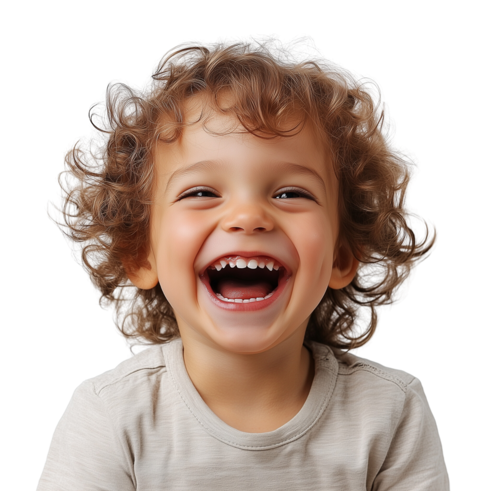 Cheerful Young Child with Curly Hair Laughing and Grinning Isolated on Transparent Background png