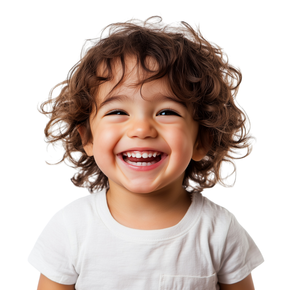 Grinning Young Child with Curly Hair Laughing Isolated on Transparent Background png