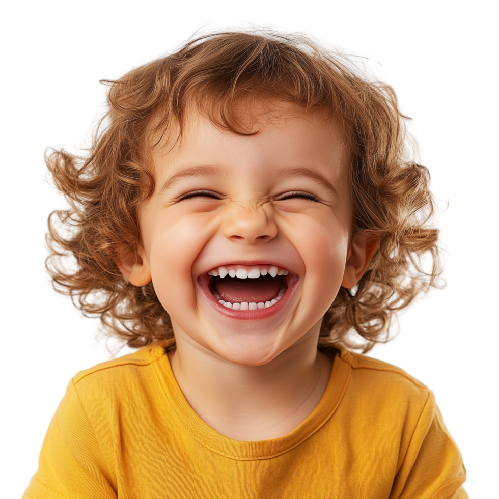 Happy Young Child with Curly Hair Laughing and Grinning Isolated on Transparent Background png