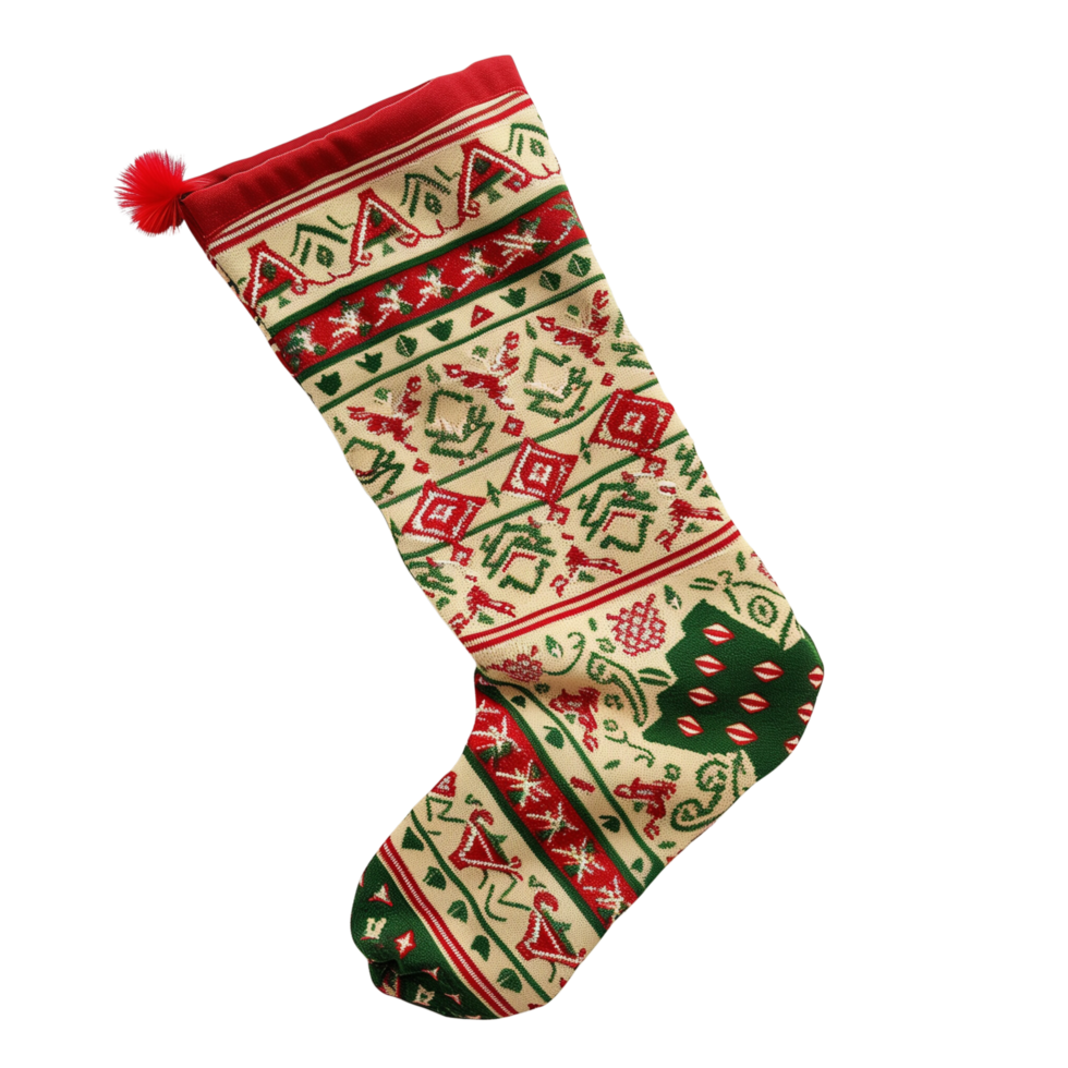 Festive Christmas Stocking Sock with Red and Green Patterns Isolated on Transparent Background png