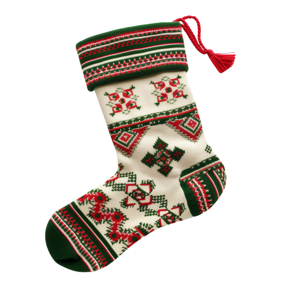 Cozy Christmas Stocking Sock with Red and Green Patterns Isolated on Transparent Background png