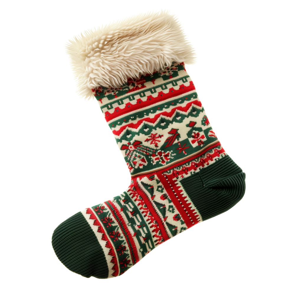Bright Christmas Stocking Sock with Red and Green Festive Patterns Isolated on Transparent Background png