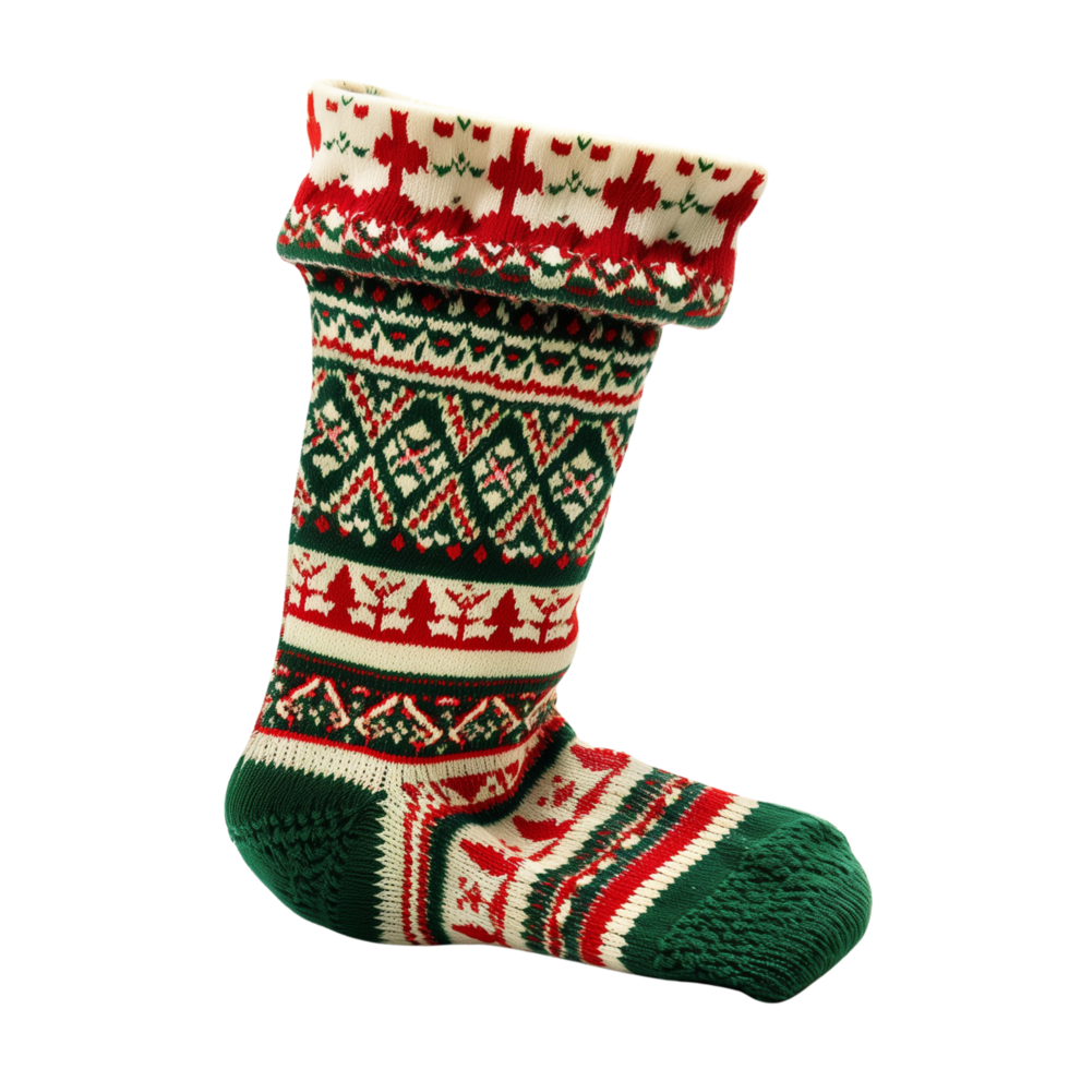 Traditional Christmas Stocking Sock with Red and Green Patterns Isolated on Transparent Background png