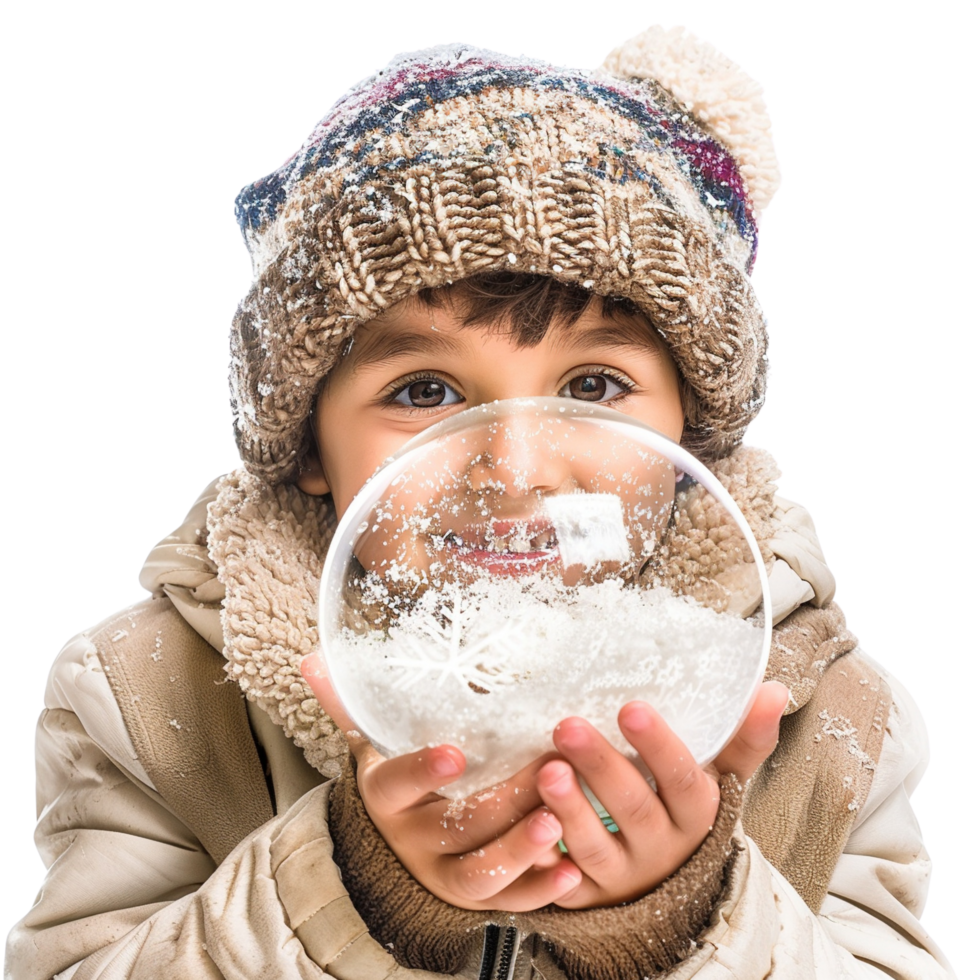 Adorable Child Holding Snow Globe with Joyful Expression in Winter Wonderland Isolated on Transparent Background png
