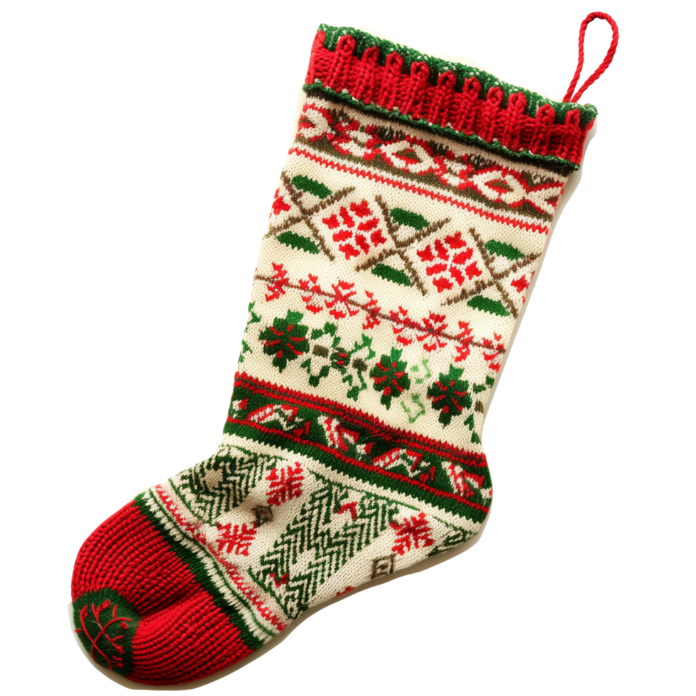 Classic Christmas Stocking Sock with Red and Green Festive Patterns Isolated on Transparent Background png