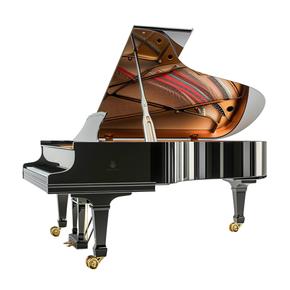 Beautiful Grand Piano with Open Lid, Strings and Hammers Exposed, Side View Isolated on Transparent Background png