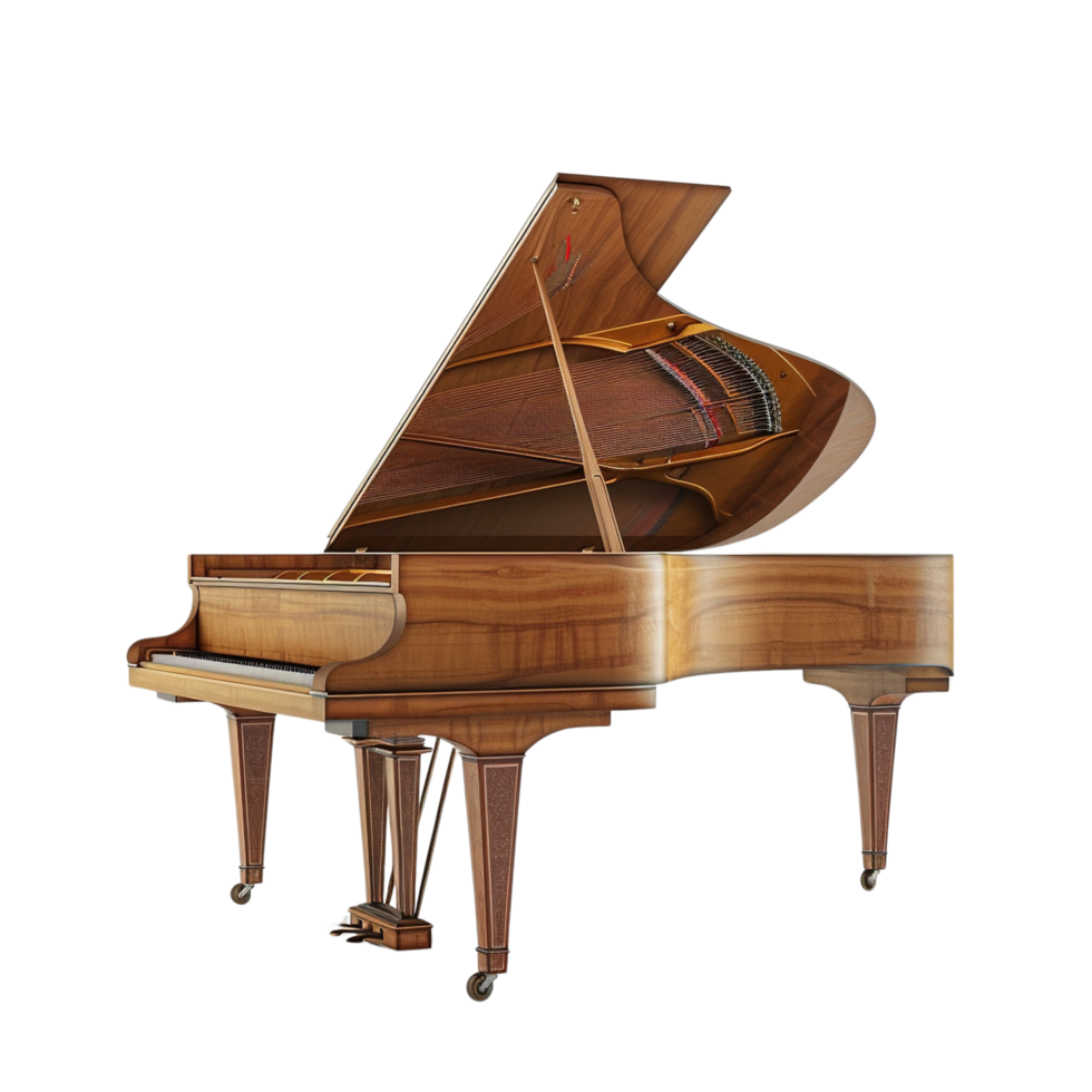 Stunning Grand Piano with Lid Open, Strings and Hammers Revealed, Side View Isolated on Transparent Background png