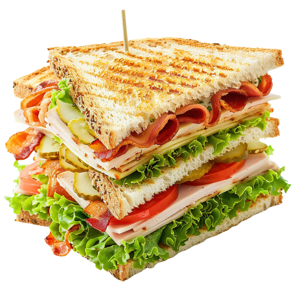 Delicious Club Sandwich with Turkey, Bacon, Lettuce, and Tomato Isolated on Transparent Background png