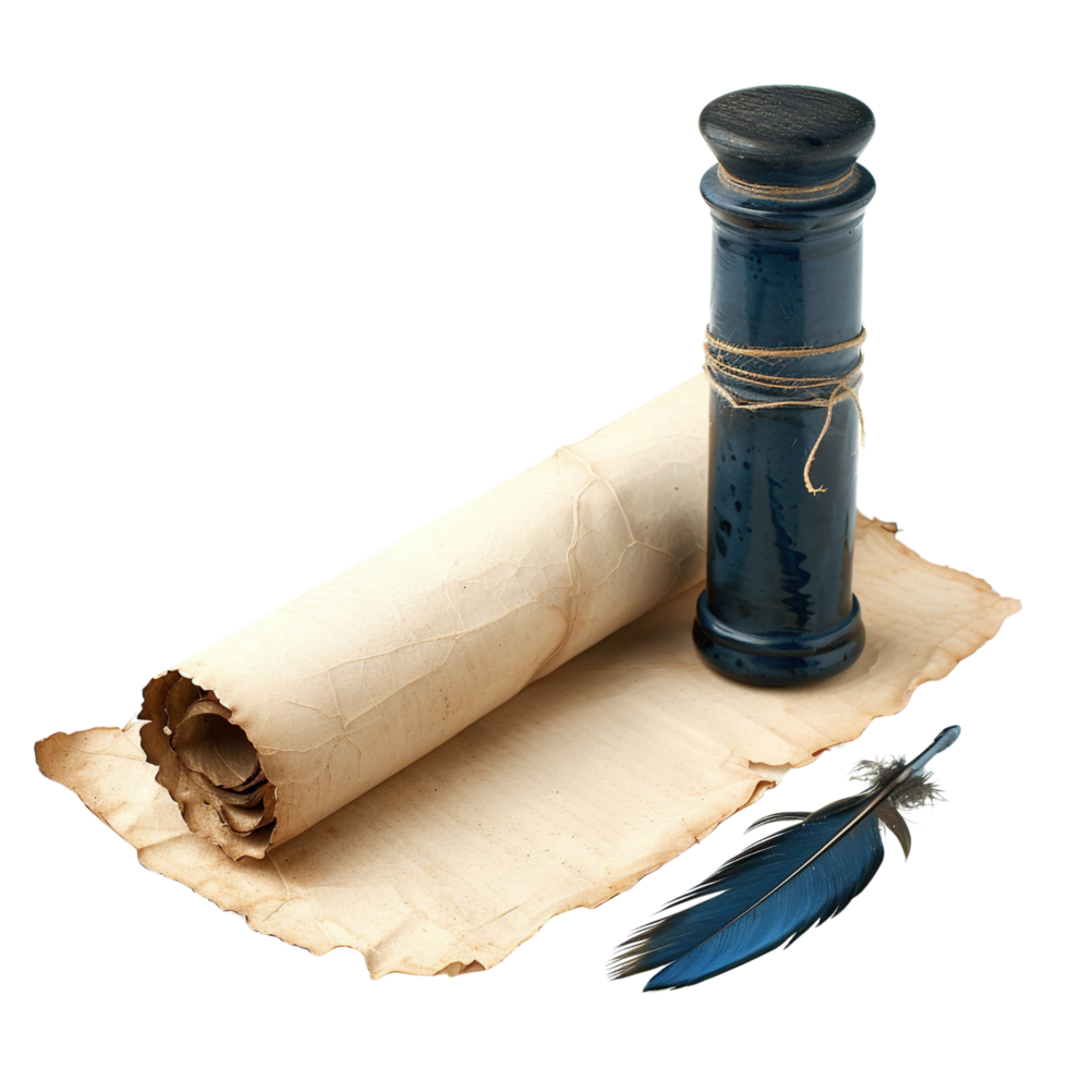 Elegant Quill and Ink Set with Scroll of Parchment Paper, Isolated on Transparent Background png