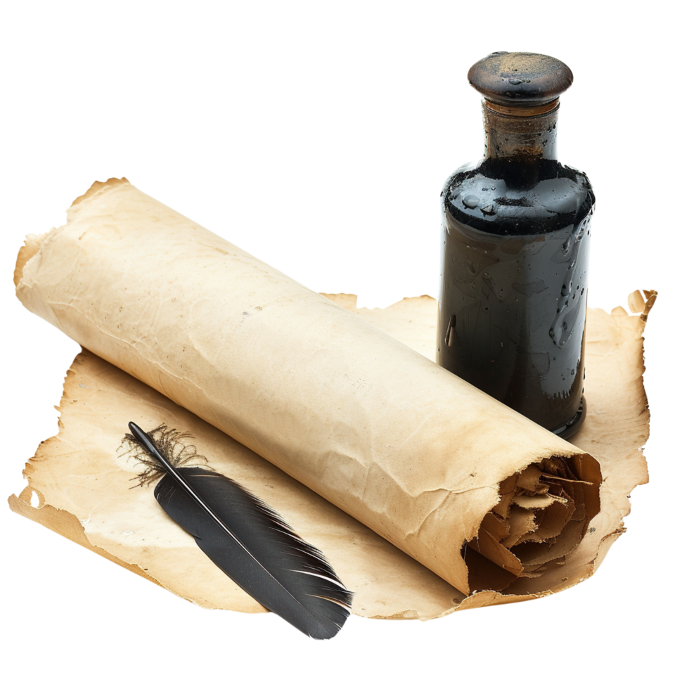 Quill and Ink Set with Parchment Paper Scroll, Isolated on Transparent Background png