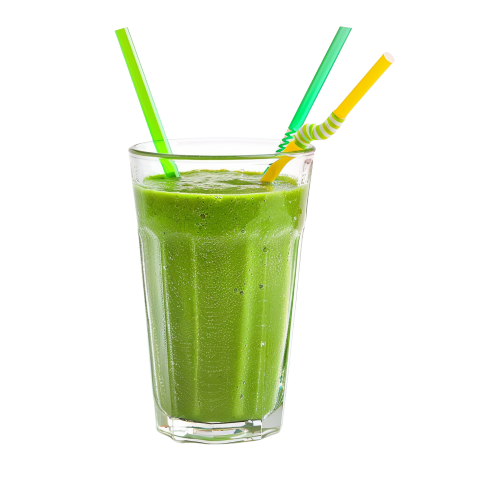 Fresh Green Smoothie in Clear Glass with Colorful Straws Isolated on Transparent Background png