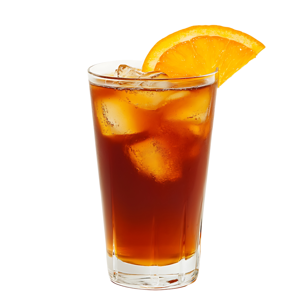 Clear Glass of Iced Tea with Orange Slice Garnish Isolated on Transparent Background png