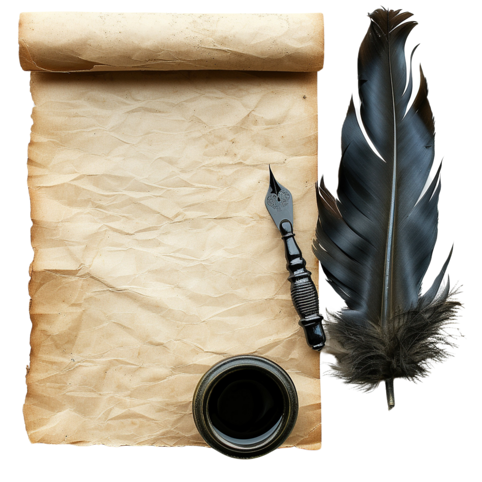 Antique Quill and Ink Set with Parchment Paper Scroll, Isolated on Transparent Background png