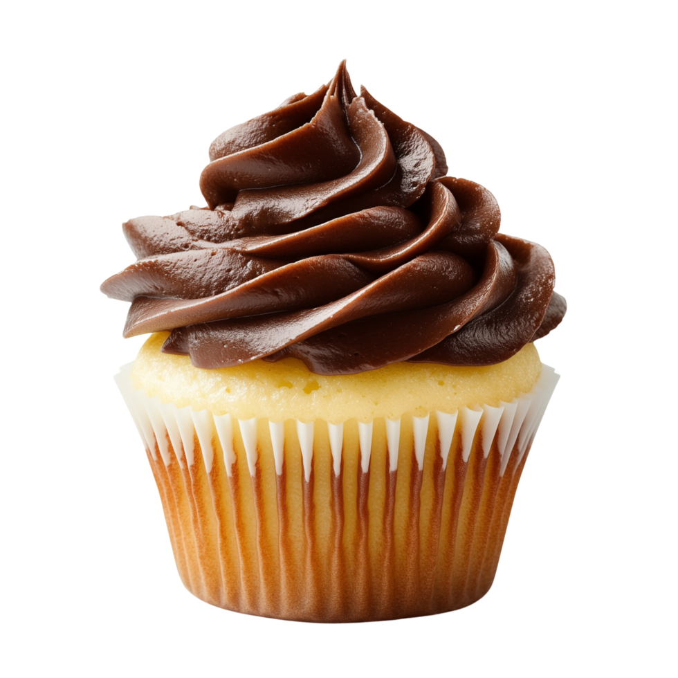 Tasty Vanilla Cupcake with Chocolate Frosting Swirl Isolated on Transparent Background png