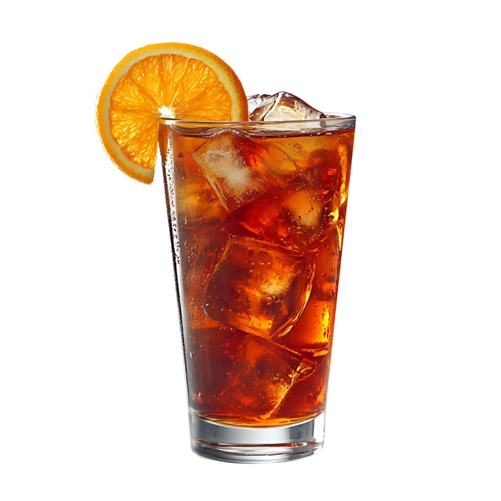 Cold Iced Tea in Clear Glass with Orange Slice Garnish Isolated on Transparent Background png