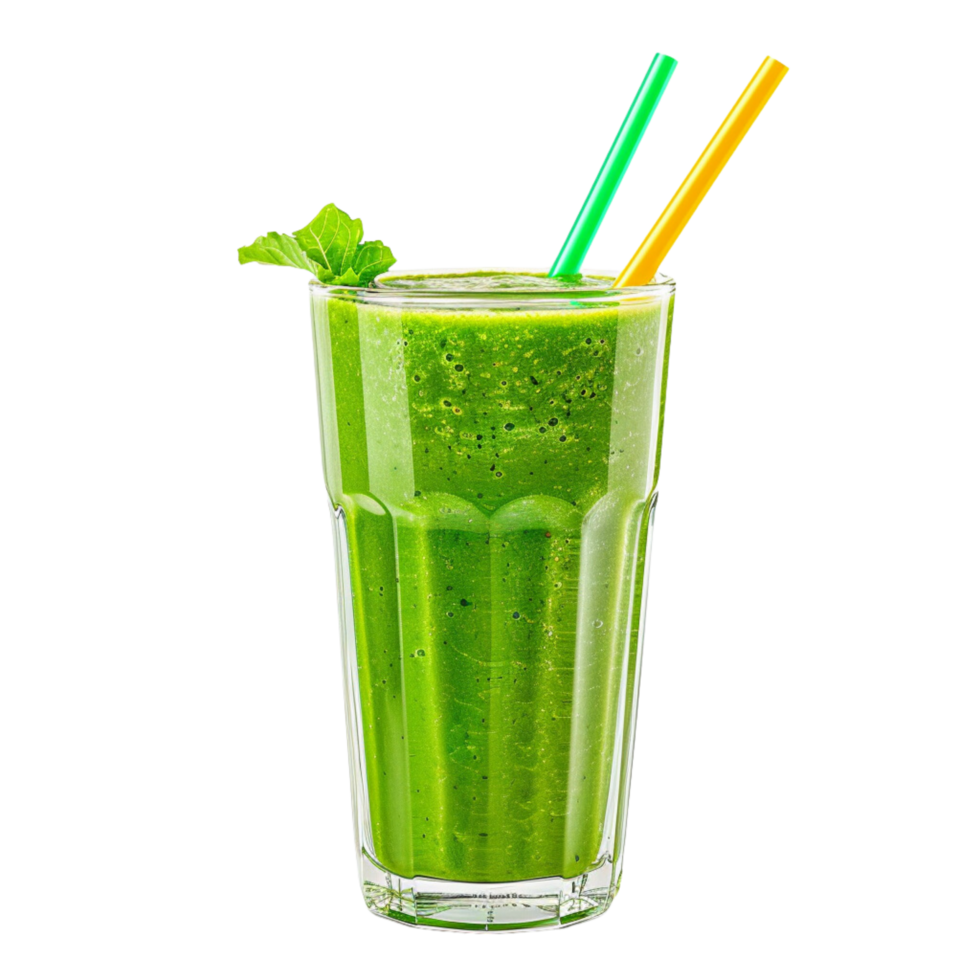 Green Smoothie in Clear Glass with Two Colorful Straws Isolated on Transparent Background png