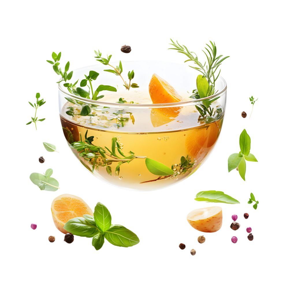 Floating Chicken Broth Surrounded by Fresh Herbs and Vegetables Isolated on Transparent Background png