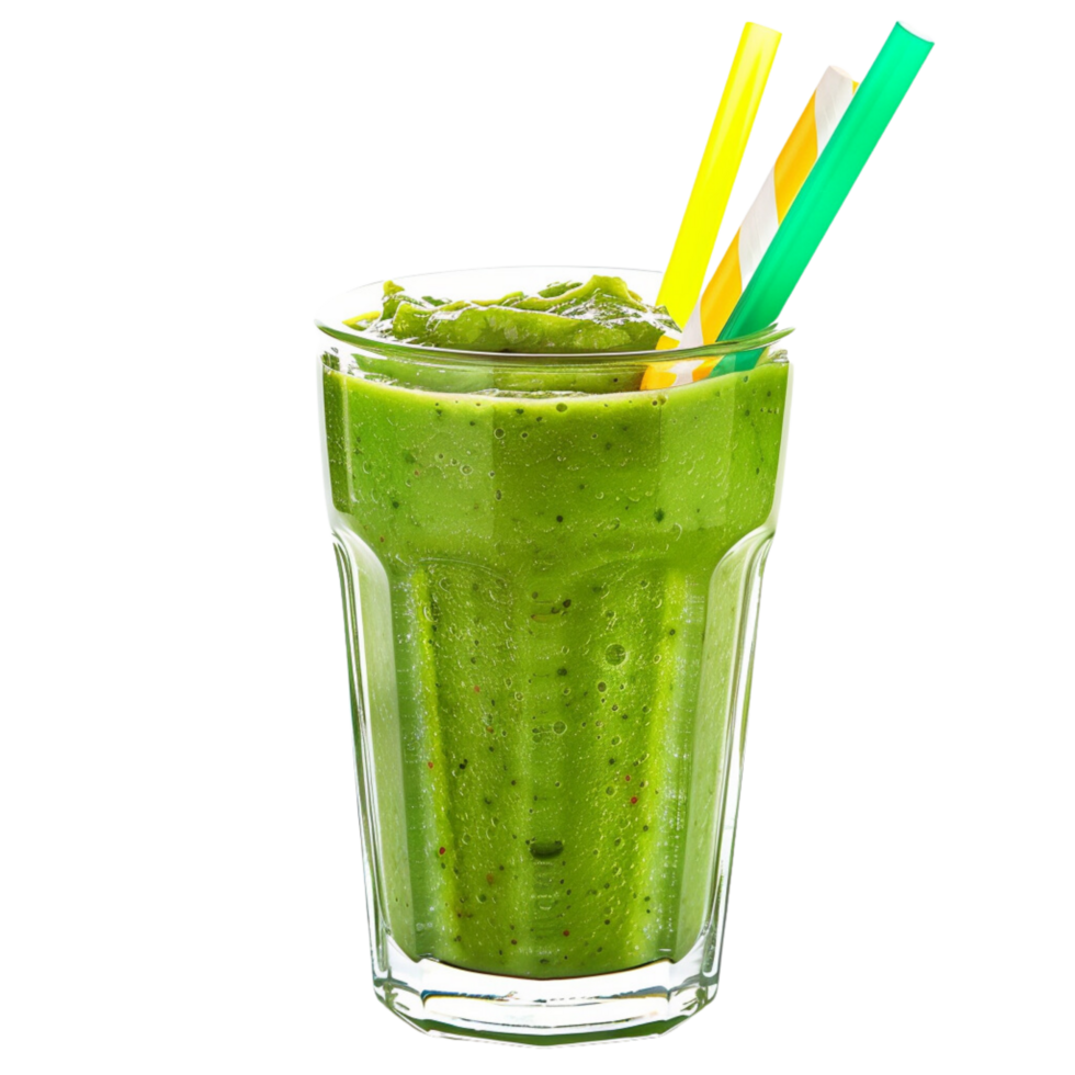 Healthy Green Smoothie in Clear Glass with Colorful Straws Isolated on Transparent Background png