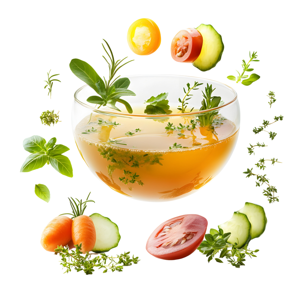 Claro flutuando frango caldo com fresco legumes e ervas isolado em transparente fundo png
