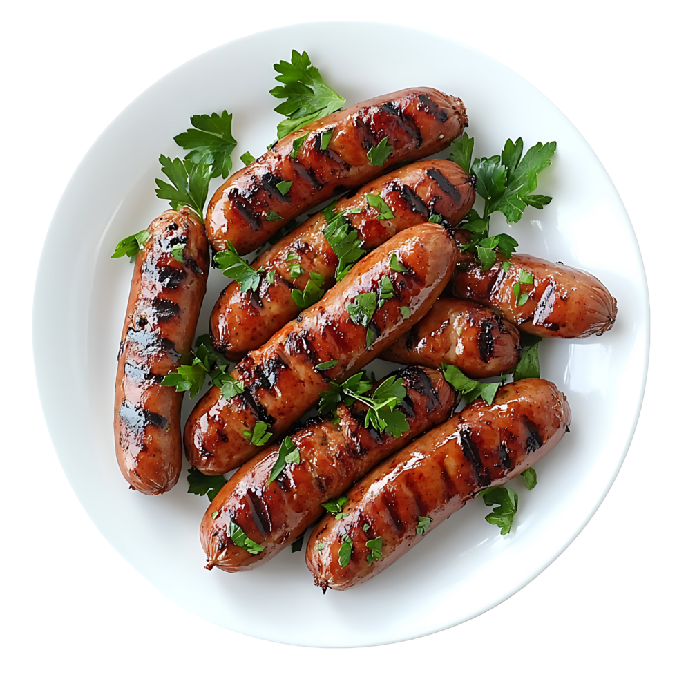 Fresh Parsley and Grilled Sausages on a Neat White Plate Isolated on Transparent Background png