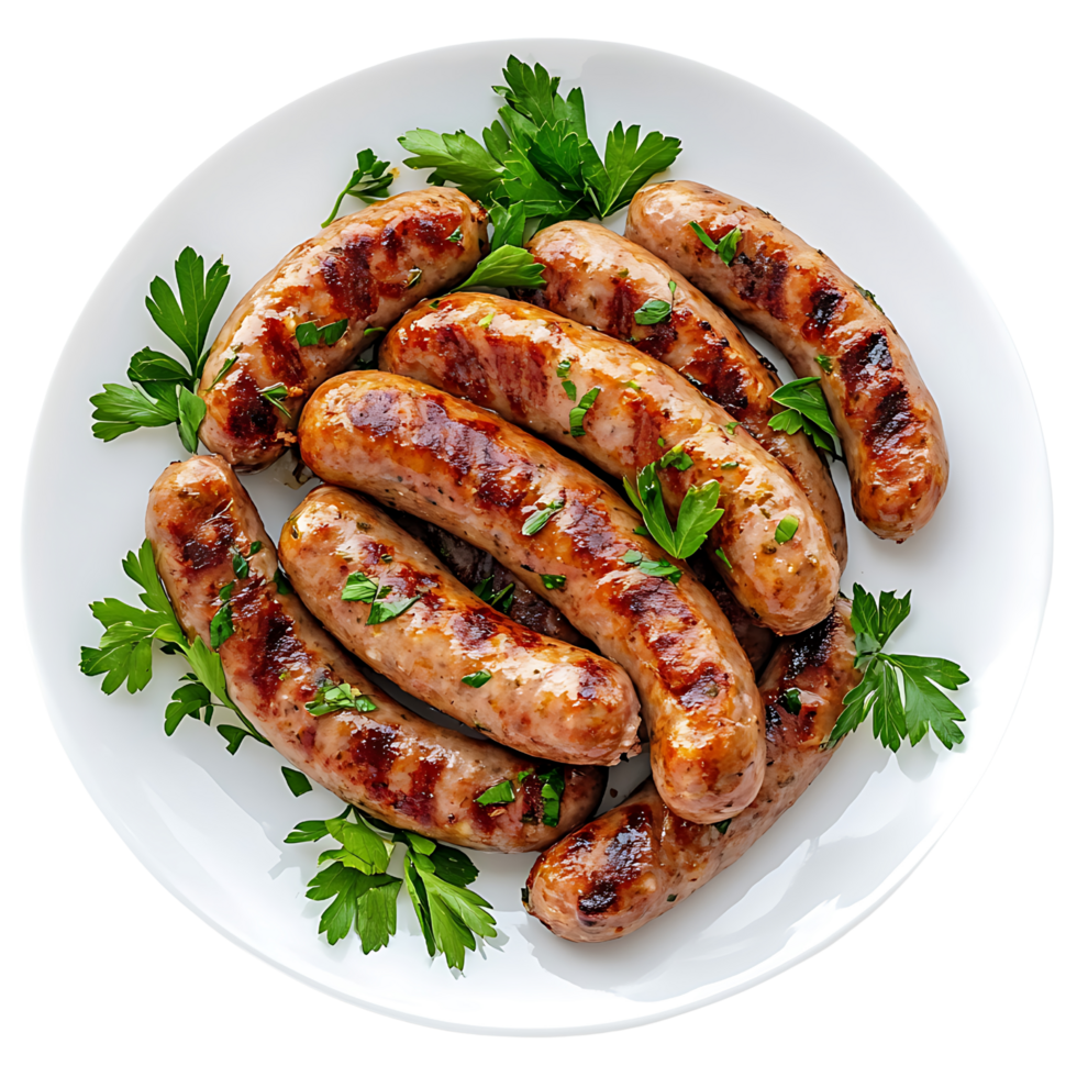 Grilled Sausages and Fresh Parsley on a Clean Plate Isolated on Transparent Background png