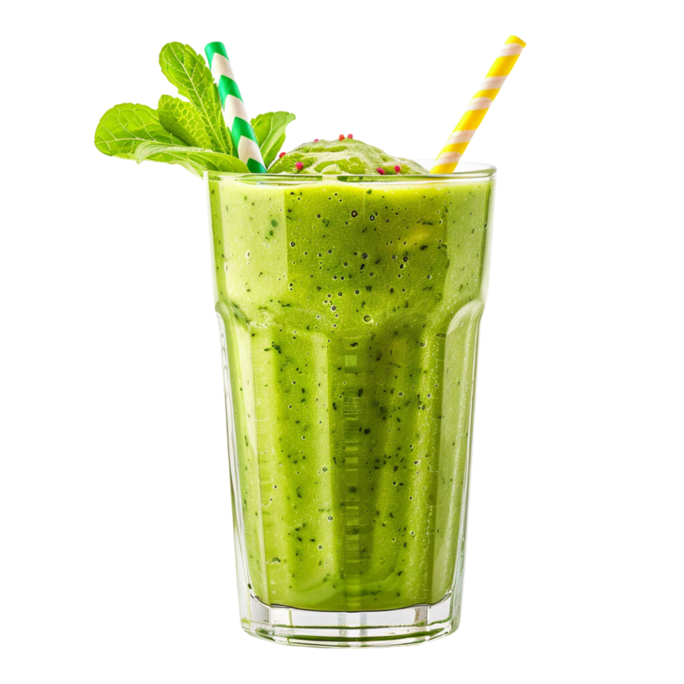 Delicious Green Smoothie with Colorful Straws in Clear Glass Isolated on Transparent Background png
