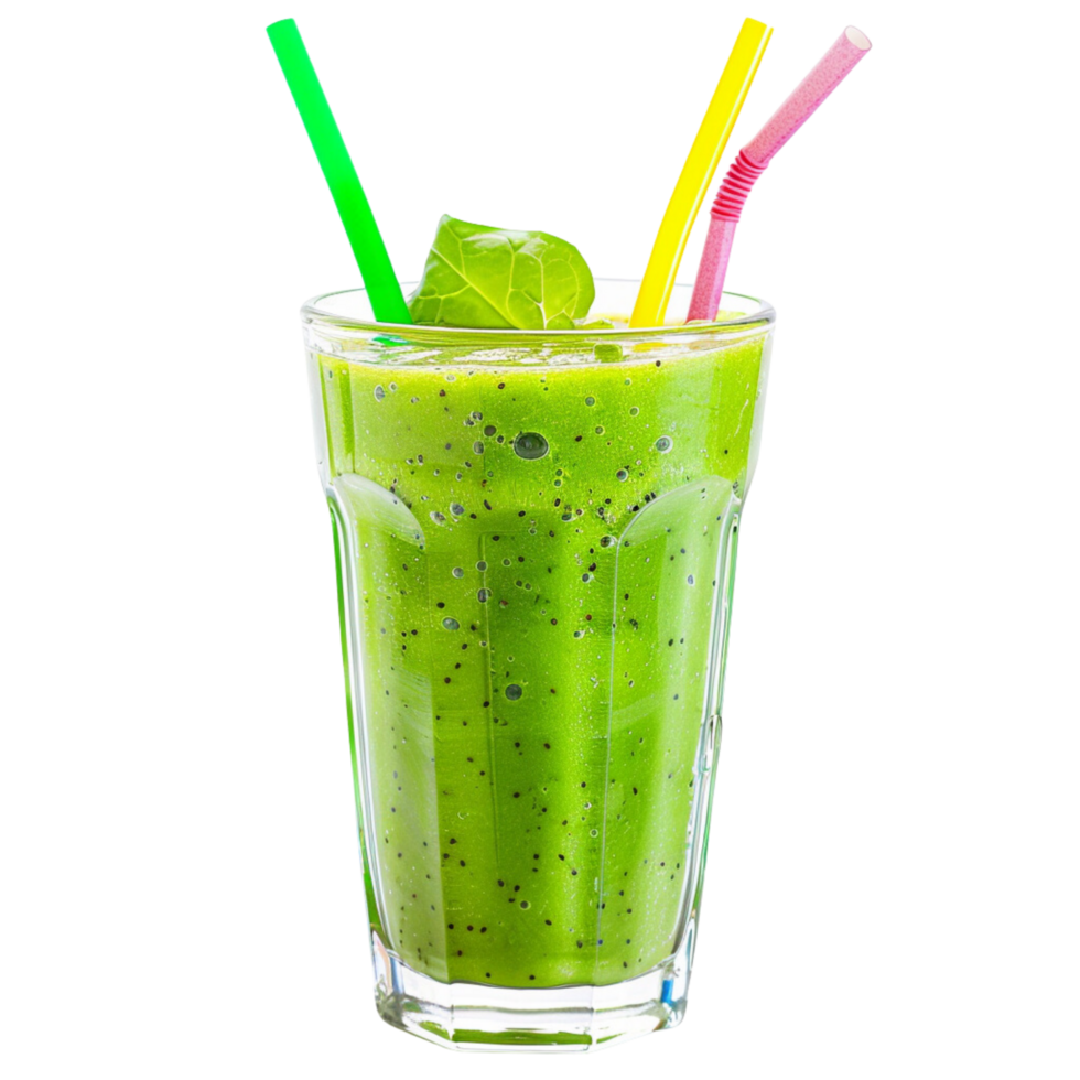 Fresh Green Smoothie in Clear Glass with Two Colorful Straws Isolated on Transparent Background png